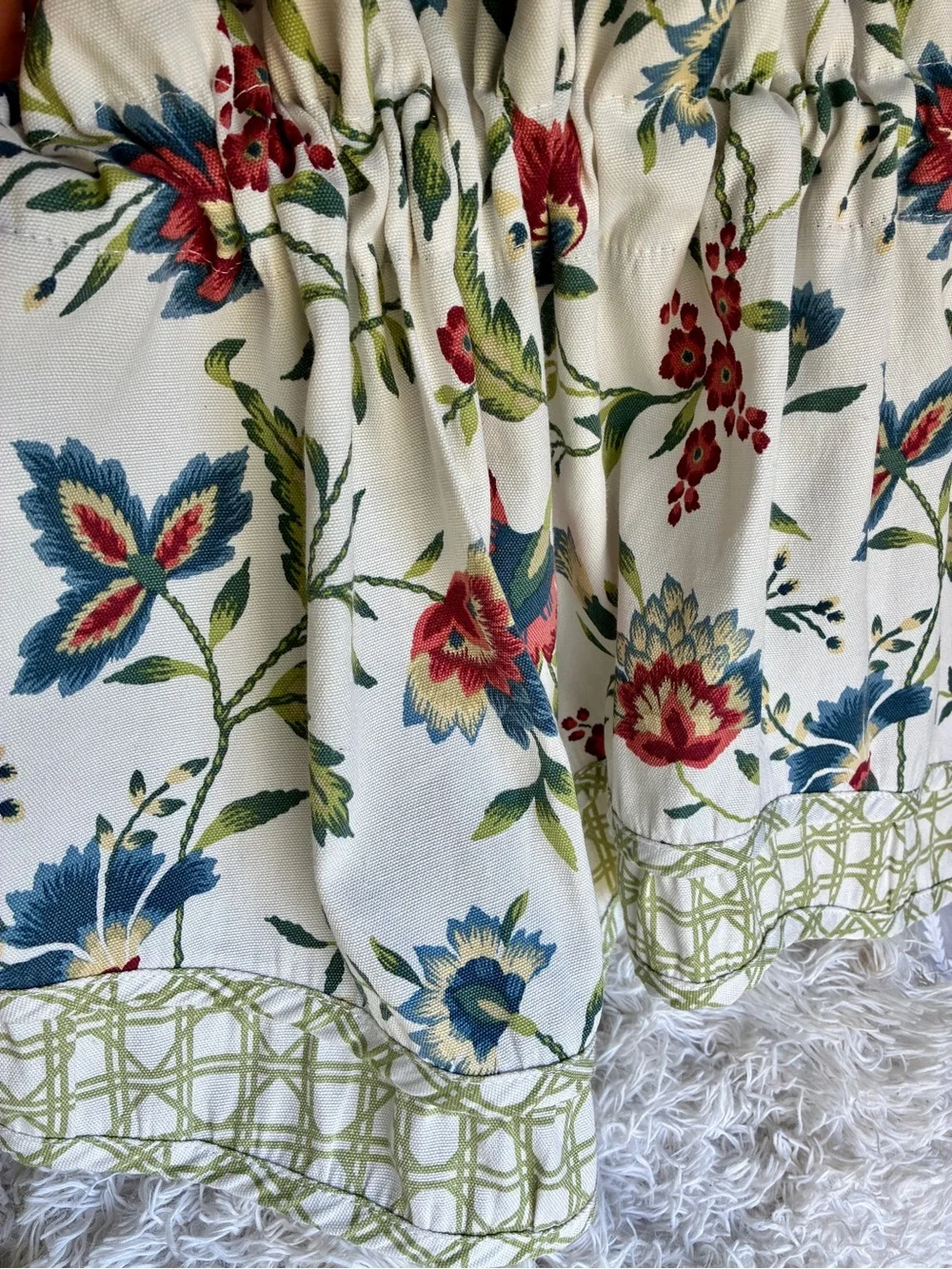 Waverly carolina crewel Floral Valance in Cream Blue, Red Green Accents 50” x 15